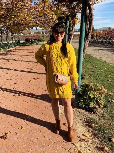 In this post, I am sharing an in-depth review of the Shein Yellow Sweater Dress that is perfect a casual outing, errands or even work! Yellow Sweater Dress, And Just Like That, Brown Ankle Boots, Yellow Sweater, Hey Girl, Black Tights, Style Blog, Fashion Bloggers, Little Miss