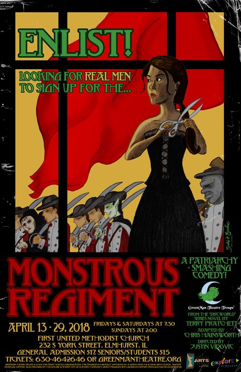 Monstrous Regiment poster for Greenmail Theatre production of the stage adaptation of the Terry Pratchett novel. Monstrous Regiment, Theatre Production, Terry Pratchett, Methodist Church, Real Man, Adaptation, The Stage, Design Working, Advent