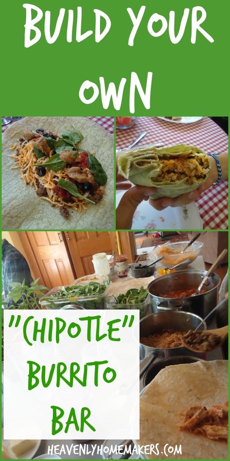 If you like Chipotle, you'll love that you can save money and have fun by setting up your own Burrito Bar for your family and guests! Burrito Buffet Ideas, Build Your Own Wrap Bar, Build Your Own Burrito Bowl Bar, Make Your Own Burrito Bar, Burrito Bar Ideas, Burrito Bar Build Your Own, Burrito Bar Party, Chipotle Bar, Burritos For A Crowd