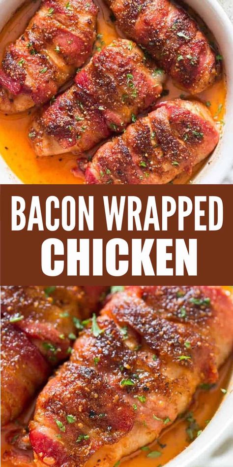 This bacon wrapped chicken has wonderful flavors of smoky sweet and spice. It's baked to caramelized perfection. It’s ridiculously easy to make and incredibly delicious chicken dish. #chickenrecipes #chickendinner #easy #recipes #dinner #healthy #bacon #baconwrapped #baconwrappedchicken Bacon Wrap Chicken Breast, Baked Bacon Wrapped Chicken, Chicken Wrapped In Bacon, Bacon Wrapped Chicken Recipes, Garlic Chicken Breast Recipes, Bacon Wrapped Chicken Breast, Chicken Thigh Recipe, Slow Cooker Bacon, Chicken Breasts Recipe