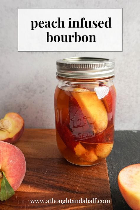 Make your own infused bourbon with ripe peaches. Takes cocktails to the next level! Get the recipe here. | A Thought & a Half - Southern food & lifestyle blog Infused Alcohol Recipes, Infused Bourbon, Peach Whiskey, Julep Recipe, Infused Liquors, Mint Julep Recipe, Peach Vodka, Derby Attire, Bourbon Recipes