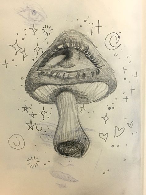 Mushroom With Eyes Drawing, Boho Art Drawings, Mushroom Drawing, Arte Grunge, Indie Drawings, Hippie Painting, Sketchbook Art Journal, Arte Sketchbook, Art Drawings Sketches Creative