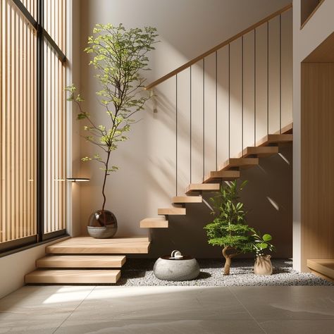 Minimalistic simple staircase design Japandi Staircase Design, Hall With Stairs Ideas, Stairs Japandi, Japandi Staircase, Japandi Stairs, Minimalistic Staircase, Staircase Minimalist, Minimalist Stairs, Minimal Staircase