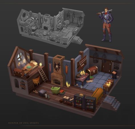 Minecraft Hunter House, Hunter House, Witchy House, Rpg World, Fantasy Rooms, Isometric Art, House Hunters, Kitty Games, Fantasy House