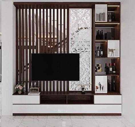 Cnc Tv Unit Design, Tv Unit On Partition Wall, Living Room Partition With Tv Unit, Partition Tv Unit Design, Partition With Tv Unit Interior Design, Tv Unit With Partition Design, Hall Partion Design, Partition With Tv Unit, Partisi Tv