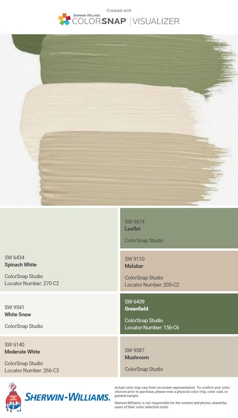 Paint Color Schemes With Sage Green, Colour Palette For Home Decor, Soft Green Painted Furniture, Sherwin Williams Broccoflower, Sage Green Room Color Palette, Green Room Colour Palettes, Safe Green Palette, Sage House Color Palette, Sage Green And Honey Oak