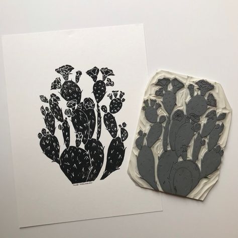 Western Lino Print, Black And White Art Print, Linoleum Print, Linocut Printmaking, Lino Art, White Art Print, Pear Cactus, Linoleum Block, Prickly Pear Cactus