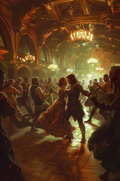 In the midst of the bustling crowd, two figures stand out. A man and a woman, locked in an embrace, their eyes fixed on each other ->> more details in ai-img-gen.com Fantasy Holiday Ideas, Fantasy Training Aesthetic, Medieval Dance Aesthetic, Fantasy Party Art, Fantasy Party Aesthetic, Fantasy Scene Inspiration, Dancing Fantasy Art, Fantasy Ball Aesthetic, Dark Fantasy Couple