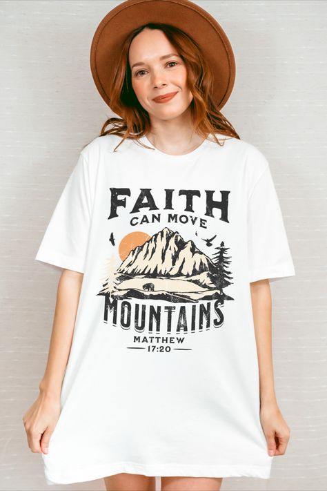 ♥ ABOUT THIS PRODUCT ♥ Wear your faith with style with this Faith can move mountains Bible verse shirt. The shirt is made of 100% airlume combed and ringspun cotton for extra durability and comfort. Pre-shrunk material. The shoulders have taping for better fit over time. Available in 5 colors, pick your favorite one! #christianshirts #faithcanmovemountains #christianart #bohochristianshirt #christianapparel #savedrebel Mountains Shirt, Faith Can Move Mountains, Matthew 17 20, Bible Verse Shirt, Mountain Shirt, Move Mountains, Christian Clothing, Faith Based, Christian Shirts