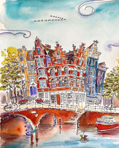 Amsterdam Postcard, Amsterdam Watercolor, Amsterdam Bridge, Amsterdam Art, Watercolor Journal, Music Artwork, Drawing Inspo, Character Sketch, Watercolor Artwork