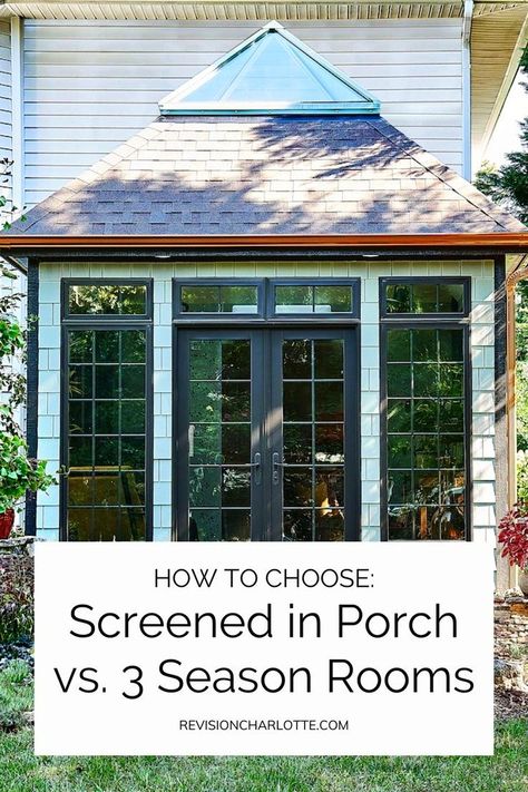 3 Season Porch Ideas, Porch To Sunroom, Screened In Porch Ideas, All Season Porch, Closed In Porch, Outdoor Party Ideas, Four Season Sunroom, Screen Porches, Small Sunroom