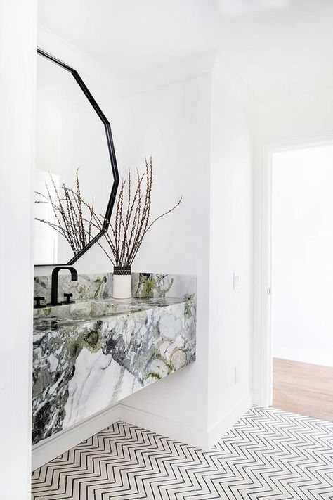 Floating Marble Sink, Floating Sink Vanity, Black And White Flooring, Floating Sink, Marble Sink, Gray Marble, Marble Sinks, Green And Gray, Hallway Ideas Entrance Interior Design