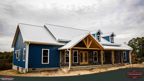 Blue color combo Summertown Metals, Metal Building House Plans, Metal House Plans, Steel Building Homes, Metal Building Home, Barn House Design, Pole Barn House Plans, Barndominium Ideas Interiors, Barndominium Ideas Floor Plans