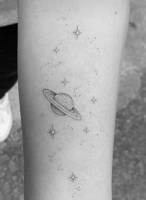 Planet Tattoos Design, Stars Planets Tattoo, Galaxy Hip Tattoo, Realistic Saturn Tattoo, Minimalist Tattoo Space, Tiny Space Tattoo, Saturn Planet Tattoo, Stars And Planets Tattoo, Small Galaxy Tattoo