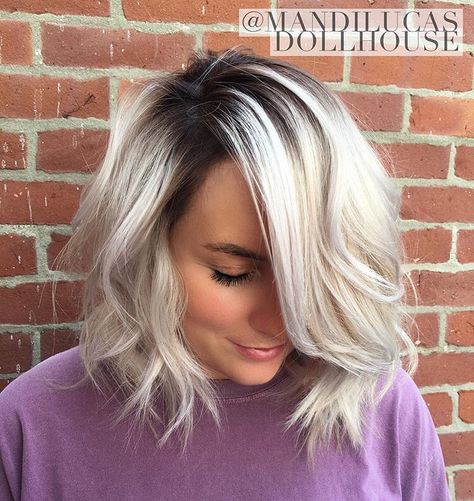 Pearlized blonde with stretched shadow root.  Bayalage / Platinum Ash / Icy..  The Dollhouse Salon and Blow Dry Bar Richmond, IN Blonde Bayalage, Blonde Hair With Roots, Icy Blonde Hair, Ash Hair Color, Shadow Root, Dark Roots Blonde Hair, Ash Blonde Hair, Platinum Blonde Hair, Dark Roots