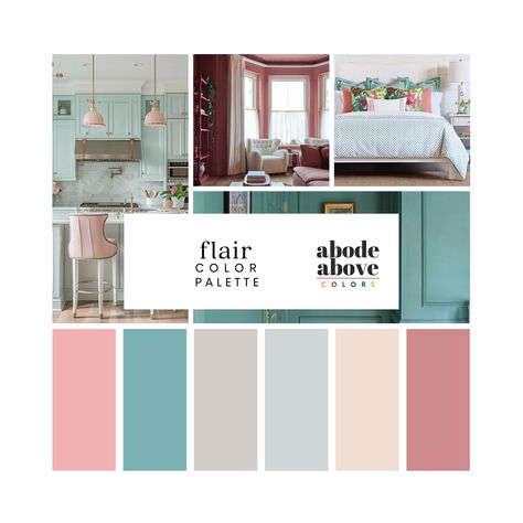 Flair - Home Color Palette | Sherwin Williams 2024 Whole House Color Scheme | Interior Paint Design | Aqua, Pink, Rose, Turquoise, Black Teal Brand Color Palette, Popular Color Palettes 2024, Teal Pink Color Palette, Interior Paint Design, Whole House Color Scheme, House Color Schemes Interior, Color Palette Sherwin Williams, Modern Victorian Decor, Mint Green Rooms