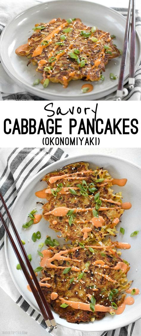 Savory Cabbage Pancakes are a fun and filling way to use up pantry leftovers. Fill them and top them with whatever your heart desires! BudgetBytes.com Cabbage Pancakes, Savory Cabbage, Japanese Diet, Carb Cycling Diet, Budget Bytes, Main Course Recipes, Cabbage Recipes, Easy Cooking Recipes, Quick Dinner Recipes