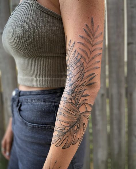 Tropical foliage tattoo Middle Arm Sleeve Tattoo, Hawaiian Foliage Tattoo, Palm Leaves Tattoo Sleeve, Big Flower Tattoos Sleeve, Tropical Botanical Tattoo, Tropical Arm Tattoo, Palm Leaf Tattoo Arm, Floral Foliage Tattoo, Monstera Leaf Tattoo Sleeve