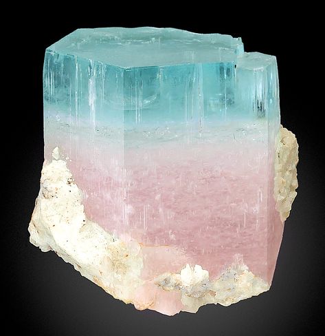 Gorgeous and unusually rich example of bi-colored Beryl (Aqua-Morganite)!  From Baha, Braldu Valley, Skardu District, Baltistan, Gilgit-Baltistan, Northern Areas of Pakistan. Rough Gems, Crystal Aesthetic, Pretty Rocks, Crystal Therapy, Cool Rocks, Crystal Geode, Aquamarine Crystal, Beautiful Rocks, Mineral Collection