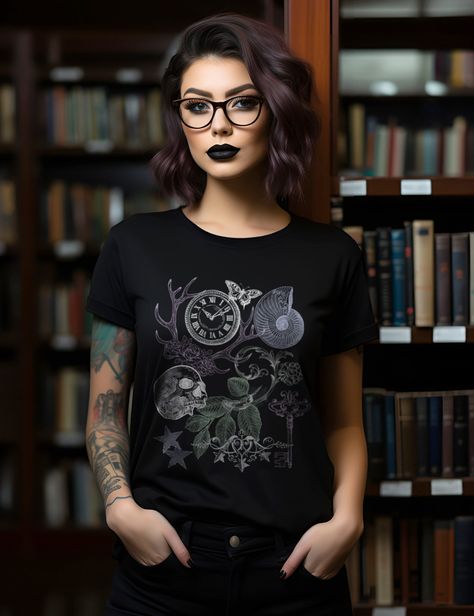 Get 10% off your first order: join.lucidamystica.com Biological and vintage elements collage art on a super-soft modern-fit unisex tshirt in Black that will become your new dark wardrobe staple. Perfect for yourself or as a gift for your favorite goth human! Plus sizes available for a roomy fit. Size up for an oversized aesthetic look. Size chart found in images.  + Printed on Bella + Canvas 3001 unisex tshirt + Retail fit + 100% Soft cotton  + Light fabric  + Tear away label + Runs true to size Academia Collage, Skull Collage, Grunge Academia, Goth Academia, Dark Academia Goth, Dark Wardrobe, Plus Size Goth, Oversized Aesthetic, Nature Collage