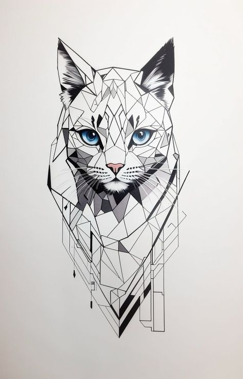 Cat Geometric Art, Geometric Cat Tattoo Designs, Geometric Cat Drawing, Geometric Animal Tattoo Design, Cat Sketch Tattoo, Cat Tattoo Geometric, Cat Ink Drawing, Geometric Cat Tattoo, Cat Geometric