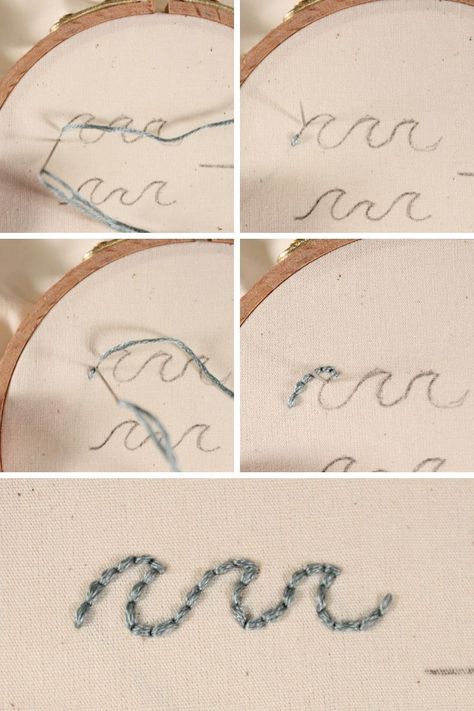 outlining a line of waves using the back stitch Ocean Waves Embroidery, Wave Embroidery Pattern Simple, Wave Stitch Embroidery, Waves Embroidery, Wave Embroidery, Embroidery Letters, Hand Stitch, French Knot, Hand Embroidery Stitches