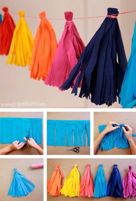 Como-hacer-guirnaldas-de-papel-crepe-con-borlas-tassel-paper-garland-tutorial Mexican Party, Ideas Para Fiestas, Paper Garland, Fiesta Party, Crepe Paper, Grad Parties, Diy Birthday, How To Make Paper, Diy Party