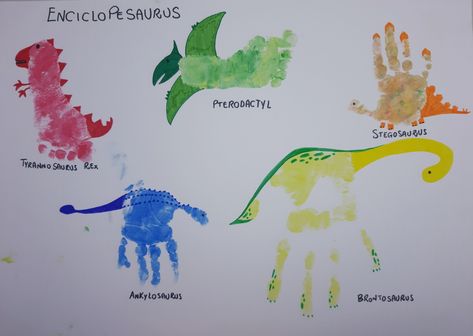 Handprint Art Dinosaur, Dinosaur Hand Print Craft, Dino Footprint Craft, Dinosaur Infant Crafts, Hand Print Dinosaur For Kids, Dinosaur Infant Art, Dino Handprint Craft, Dinosaur Hand Print, Dinosaur Painting Ideas