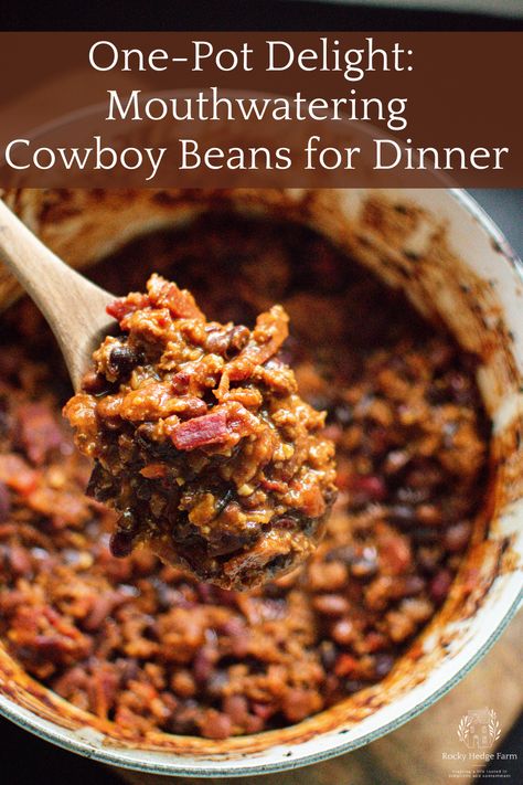 Cast Iron Cowboy Beans, Hamburger Dutch Oven Recipes, Dutch Oven Cowboy Beans, Cowboy Beans Oven, Dutch Oven Beans, One Pot Dutch Oven Meals, Dutch Oven Baked Beans, Mixed Bean Recipes, Dutch Oven Dinners