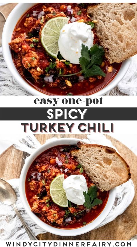 This classic spicy turkey chili recipe is just like grandma used to make! This simple chili recipe combines turkey and beans with a flavorful tomato sauce and spices for comfort in a bowl. This spicy turkey chili is one of my favorite one-pot meals! If you love easy, tasty and comforting recipes you need to make this. It’s packed with lean ground turkey, two types of beans and the perfect blend of spices, cooked until all of the ingredients come together. Sweet And Spicy Turkey Chili, Turkey And Beans, Spicy Turkey Chili Recipe, Simple Chili Recipe, Spicy Turkey Chili, Turkey Black Bean Chili, Chicken And Veggie Recipes, Comforting Recipes, Simple Chili