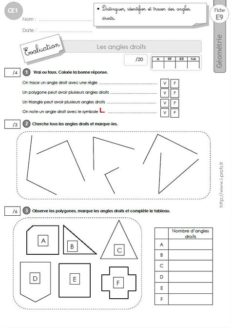 CE1 EVALUATION: Les angles droits en CE1 cycle 2 Alternative Education, Les Angles, Cycle 3, Math For Kids, Educational Activities, Kids Education, Education