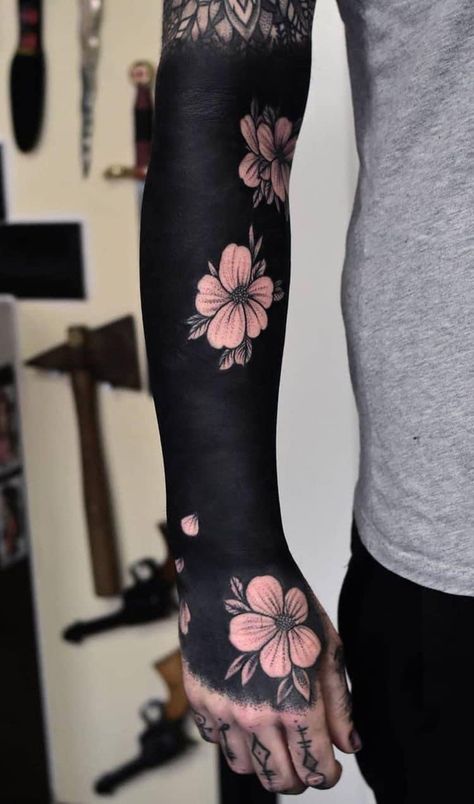 Blackout Tattoo Ideas, Sleeve With Flowers, Tattoo Sleeve Cover Up, Tatuaje Cover Up, Black Sleeve Tattoo, Solid Black Tattoo, The Wrecking Crew, Black Tattoo Cover Up, Blackout Tattoo