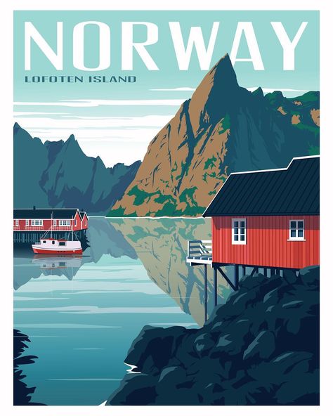 Lofoten is a hidden gem archipelago of Norway known for its breathtaking scenery and quaint fishing villages. Lofoten is also one of the northernmost places on the planet you can go surfing! This print is now available on premium paper, framed, or on canvas using the link in the bio! Norway Wallpaper, Postal Vintage, Vintage Poster Design, Art Deco Poster, Deco Poster, Retro Travel Poster, Norway Travel, Wallpaper Laptop, Art Deco Posters