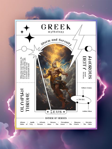 Get ready to embark on an epic journey through the realms of Greek Mythology with our stunning poster card featuring Zeus, the mighty ruler of the gods. This eye-catching visual masterpiece is your key to unlocking the secrets of the divine world. Greek God Graphic Design, Greek Infographic, Greek Mythology Graphic Design, Greek Poster Design, Greek Mythology Posters, Greek Mythology Poster, Geometric Graphic Design, Epic Journey, Computer Graphics