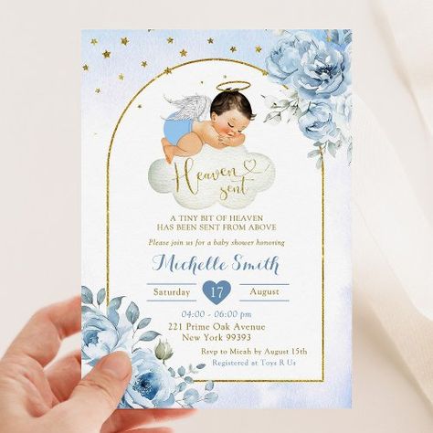 $2 | Blue Mexican Little Angel Heaven Sent Baby Shower - baby shower invitation, little angel invite, heaven sent invite, heaven sent baby shower, angel baby shower, blue gold shower, blue flowers, mexican boy shower, a little piece of heaven, baby boy shower Heaven Sent Baby Shower Invitations, Angel Heaven, Angel Baby Shower, Blue Baby Shower Invitations, Gold Shower, Baby Shower Card, Blue Baby Shower, Little Angel, Baby Shower Cards