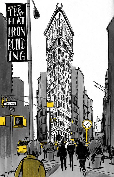 Flat Iron Building, New York Illustration, Haiwan Lucu, Travel Drawing, City Illustration, Urban Sketchers, Lukisan Cat Air, Urban Sketching, Arte Pop