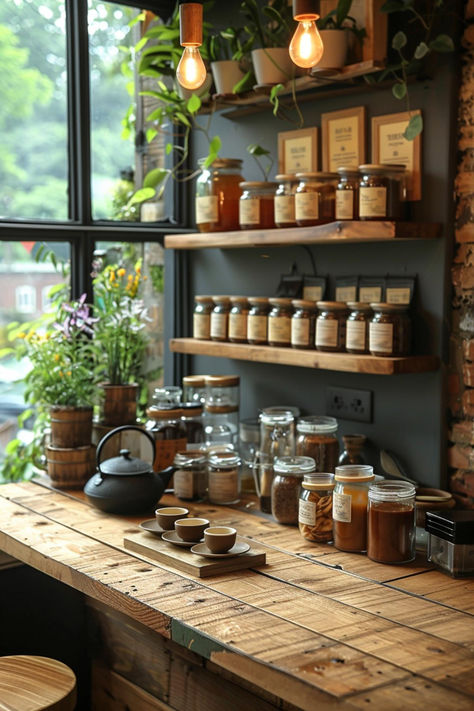 35 Cozy Tea Station Ideas for Tea Lovers Tea Bar Business, Tea Section Ideas, Tea Corner Aesthetic, Tea Nook Cozy Corner, Tea Space Design, Herb Tea Aesthetic, Tea Nook Ideas, Tea Station Aesthetic, Witchy Tea Shop