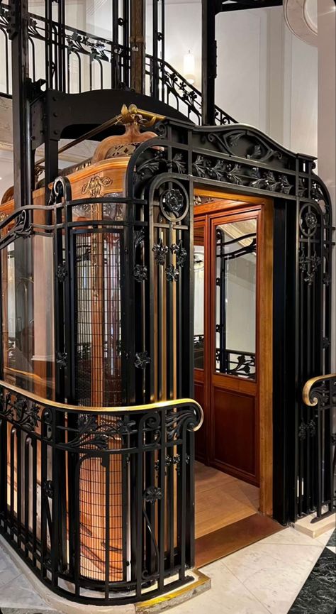 1910s Architecture, Fancy Elevator, 1910s Interior Design, Antique Elevator, Art Deco Elevator, House Elevator, Vintage Elevator, Famous Hotels, 1920s Architecture