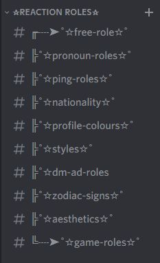 for reaction roles i recommend using the bot "reaction roles" its really simple to use :D symbols template: ╓┈➤˚☆text☆˚ ╠˚☆text☆˚ ╚┈➤˚☆text☆˚ Our server: https://discord.gg/edB6vAAm8j Aesthetic Discord Server Pfp, Server Name Ideas Discord, Discord Server Role Ideas, Discord Server Roles Ideas, Discord Aesthetic, Cool Text Symbols, Tarot Card Tattoo, Template Text, Text Symbols