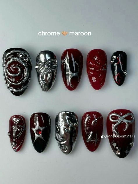 Chrome Nail Art, Punk Nails, Gothic Nails, Goth Nails, Grunge Nails, Simple Acrylic Nails, Silver Nails, Manicure Y Pedicure, Fire Nails