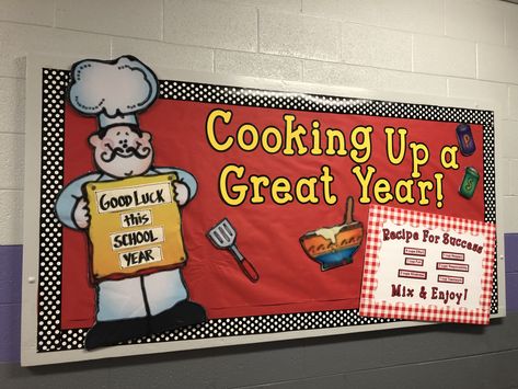 Back To School Cafeteria Bulletin Board Ideas, Back To School Bulletin Boards Elementary Cafeteria, Lunch Room Decorations School, Ratatouille Classroom Theme, Lunch Room Bulletin Board Ideas, Kitchen Bulletin Boards, School Cafeteria Decorations, Fcs Teacher, Cafeteria Bulletin Boards