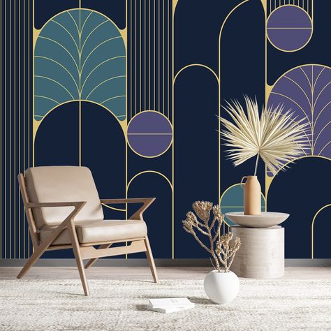 Geometric Wallpaper Art Deco Modern Wall Mural Dark Geometric Lines Navy Blue Gold Metallic Decor Hous bedroom Self Adhesive WTM-127 Materials and quality: PEEL AND STCIK WALLPAPER: For the production of wallpapers, I use Vinyl film of German quality. Vinyl has a good ink adhesion with high resolution and accurate color reproduction, and a strong adhesive layer that will ensure reliable adhesion to the wall for a long time. Eco-solvent and eco-friendly inks that are odorless and tasteless (just Navy Blue And Gold Wall Art, Art Deco Wall Paint, Art Deco Wall Design, Blue Bedroom Wallpaper, Art Deco Study, Art Deco Color Scheme, Modern Art Deco Bedroom, Art Deco Color Palette, Blue Gold Wallpaper