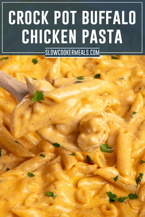 Crock pot buffalo chicken pasta on a wooden spoon. Crock Pot Buffalo Chicken, Crockpot Pasta Recipes, Crockpot Pasta, Buffalo Chicken Recipes, Buffalo Chicken Pasta, Chicken Crockpot Recipes Easy, Easy Crockpot Dinners, Slow Cooker Pasta, Pasta Dinner Recipes