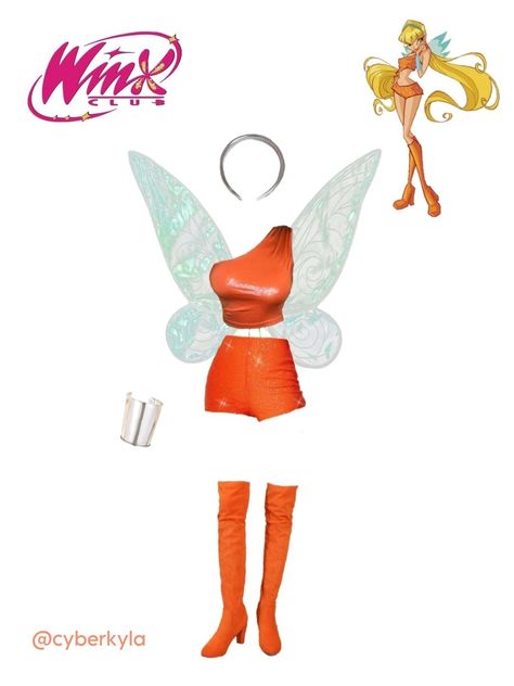 ⊹˚. ♡ stella from winx club ♡ .˚⊹ all items from shein. top: 19445846 ʚɞ shorts: 18213313 ʚɞ shoes: 23110101 ʚɞ headband: 17216772 ʚɞ bracelet: 13748516 ʚɞ wings: 18263520 Orange Winx Fairy Costume, Stella Winx Club Halloween Costume, Stella Halloween Costume, Stella Winx Halloween Costume, Stella Winx Club Costume, Winx Stella Outfits, Stella Winx Club Outfit, Winx Club Costumes, Winx Club Halloween