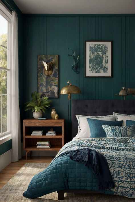 Discover the secrets to effortlessly blending mixed patterns in your bedroom for a harmonious and stylish look. Master pattern mixing now! #ad     #Colortrend #wallpaint2024  #color2024  #DIYpainting  ##DIYhomedecor  #Fixhome Navy And Emerald Bedroom, Sherwin Williams Deep Sea Dive, Fall Decor Green, Coastal Loft, Dark Teal Bedroom, Industrial Coastal, Blue Green Bedrooms, Navy Blue Bedrooms, Guest Bedroom Makeover