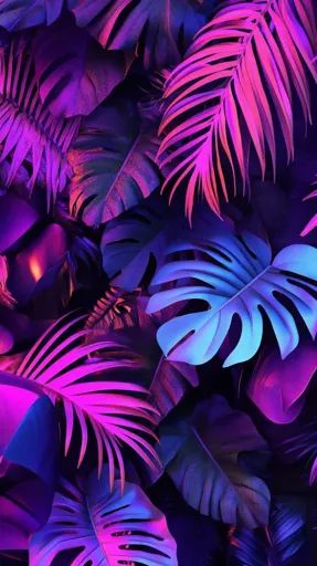 ↑↑↑ Larger size on website 🔸 A vibrant and surreal scene of tropical leaves bathed in neon purple and pink light. The leaves are  🔸 From Midjourney AI Image Purple Orange Aesthetic, Neon Website, Surreal Scenes, Contrast Lighting, Neon Flowers, Neon Purple, Purple Orange, Pink Light, Tropical Leaves