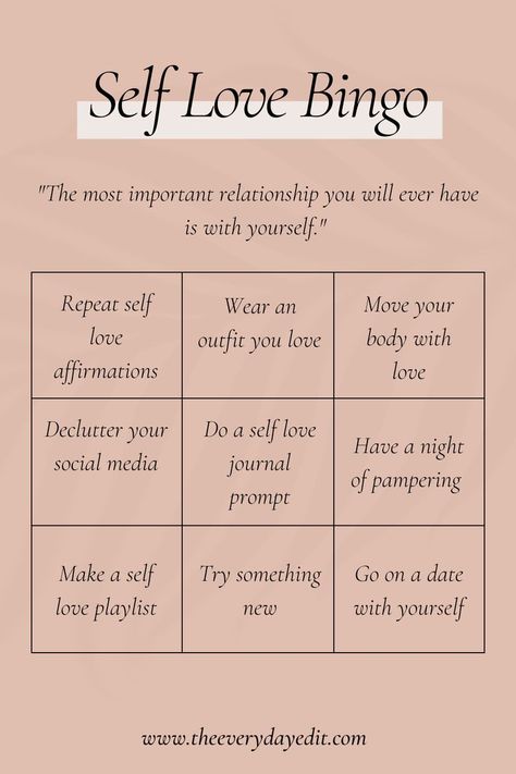 Use this fun game of self love bingo to plan a day of self love. These self love ideas will help you form a better relationship with yourself and improve your mindset. #selflove #selflovejourney #selflovebingo #bingo Relationship Bingo, Self Love Day, Self Love Ideas, Love Bingo, Plan A Day, Love Ideas, Relationship With Yourself, Better Relationship, Self Care Bullet Journal