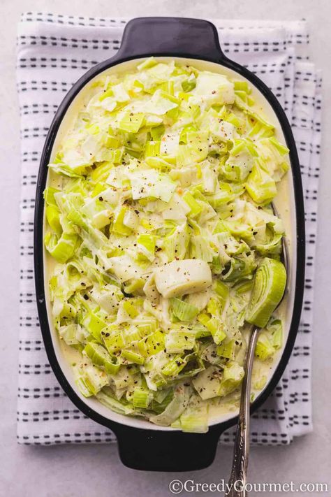 Creamed Leeks Recipe | Greedy Gourmet How To Use Leeks, Braised Leeks Recipes, Creamed Leeks Recipes, Leeks Side Dish, Leek Recipes Side Dishes, How To Cook Leeks, Broad Bean Recipes, Leeks Recipe, Leek Recipes