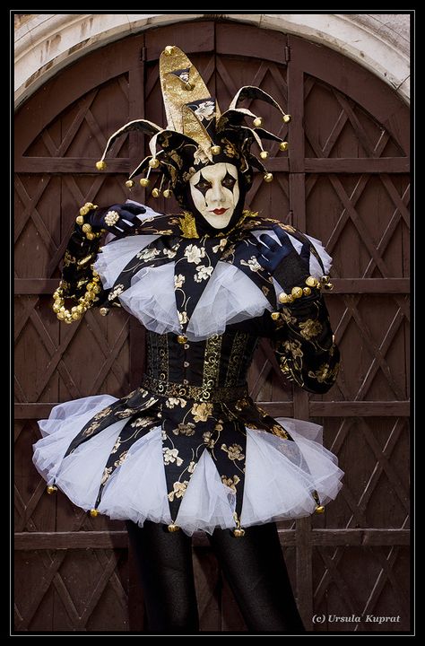 A court jester at Carnival of Venice (2012) wearing black gold and white ~ kuprat | Flickr - Photo Sharing! Jester Outfit, Venice Carnivale, Venice Carnival Costumes, Jester Costume, Pierrot Clown, Costume Carnaval, Costume Venitien, Dark Circus, Venice Mask