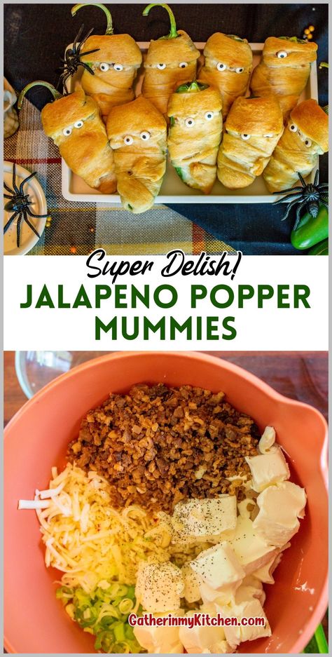 Add a spooky touch to your Halloween parties with these jalapeno mummies. This fun and easy recipe combines spicy jalapenos stuffed with cream cheese, pepper jack cheese, bacon, and scallions, all wrapped in crescent dough for a delicious appetizer. Perfect for Halloween gatherings, these mummy jalapeno poppers are sure to impress your guests. Top with candy eyeballs for a festive and eerie look. Enjoy this easy Halloween snack that's both tasty and fun! Jalapeno Mummies, Fun Halloween Snacks, Halloween Appetizers Easy, Mummy Recipes, Easy Halloween Snacks, Fancy Appetizers, Festive Appetizers, Candy Eyeballs, Halloween Snack